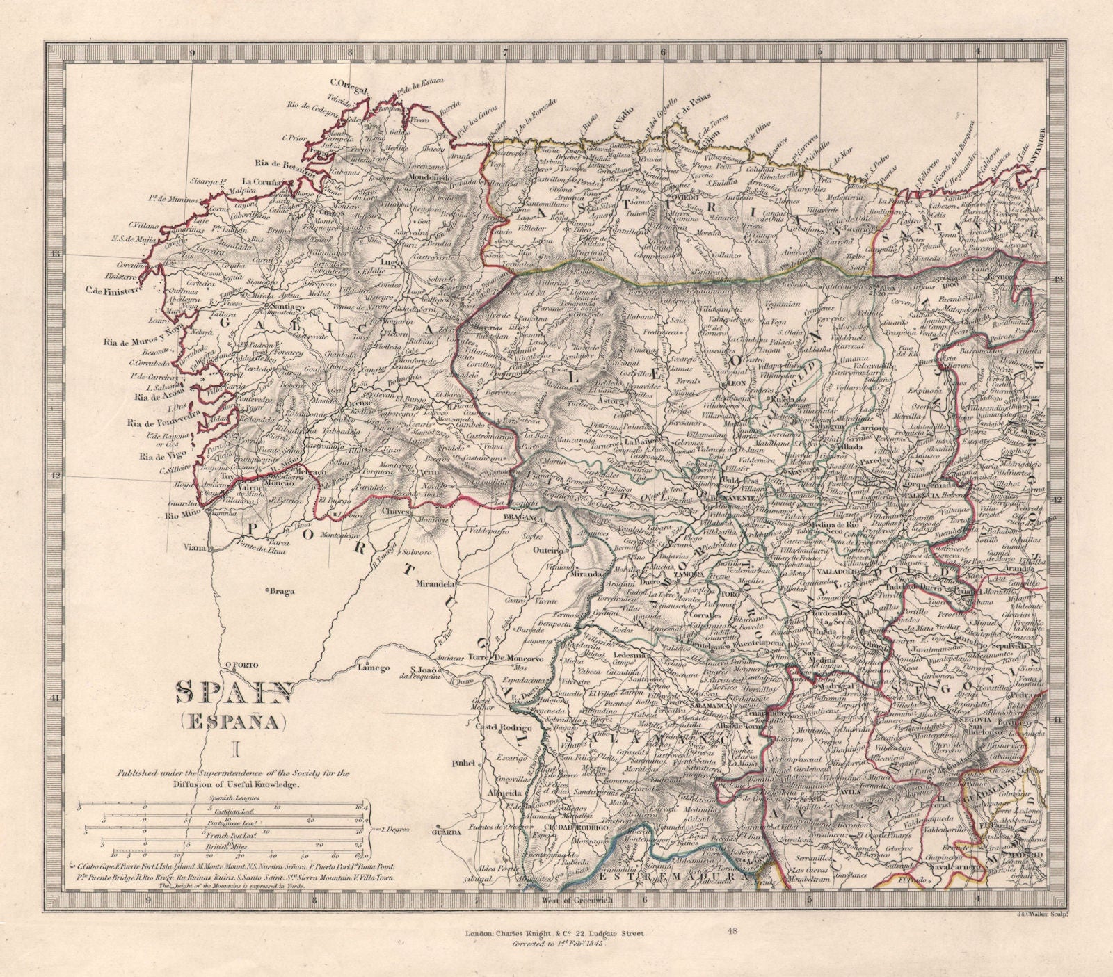 SPAIN NW. Galicia Leon Asturias Zamora Palencia Salamanca Toro. SDUK 1846 map